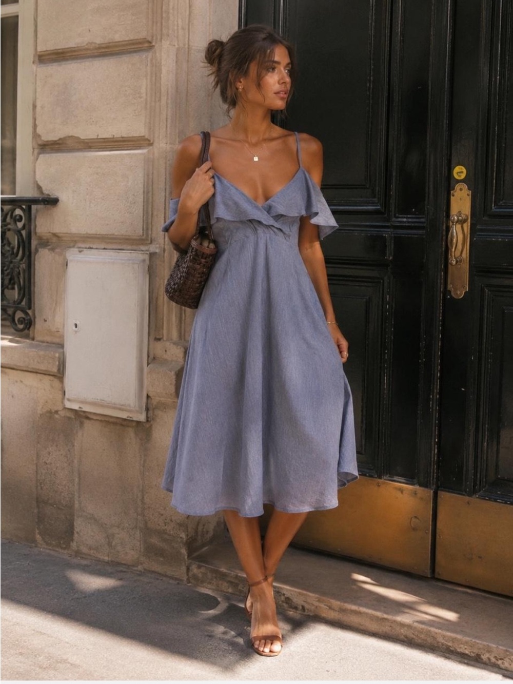 Lulus 100% Linen Blue Pinstripe Off Shoulder Midi Dress Fully Lined